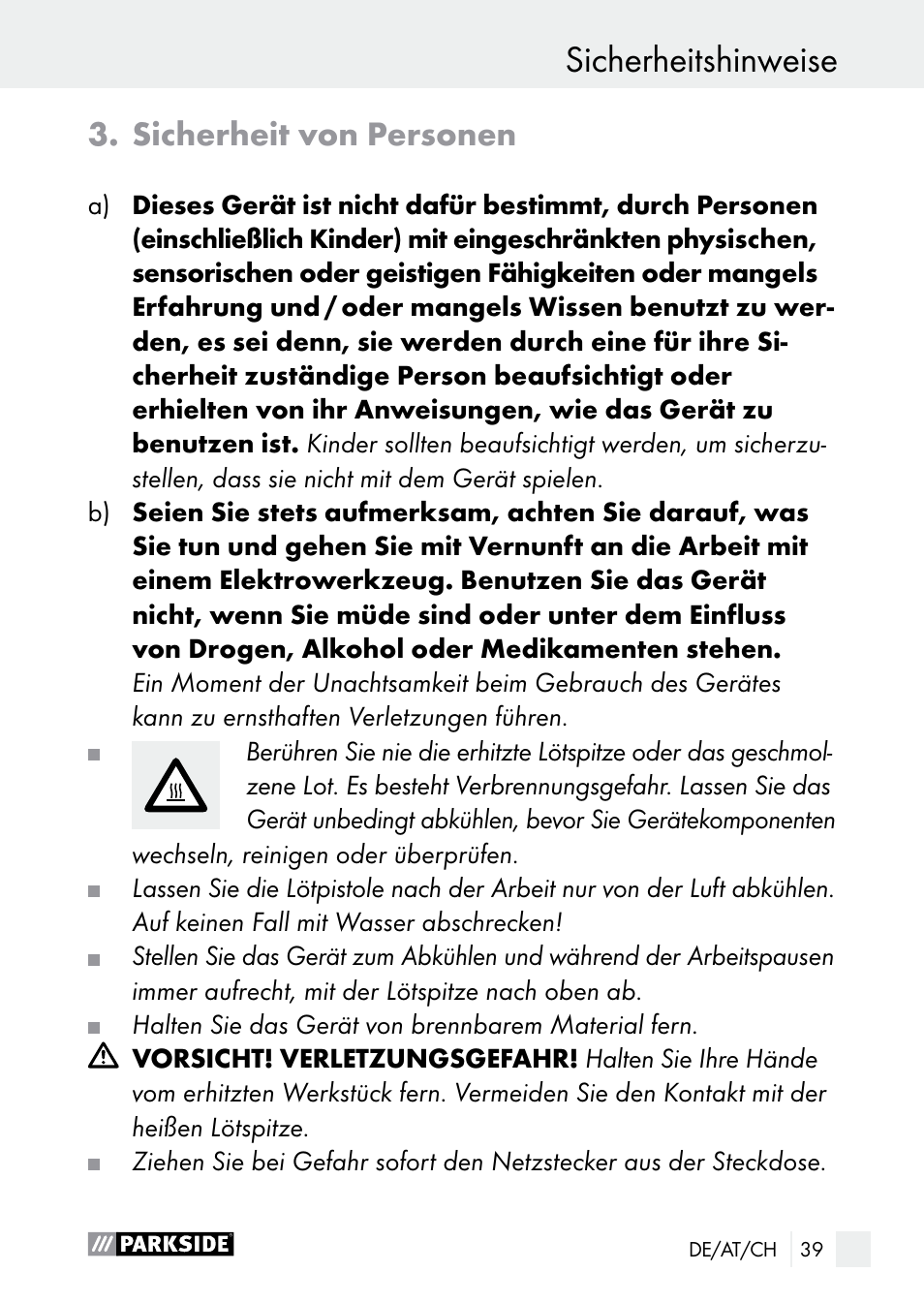 Sicherheitshinweise, Sicherheit von personen | Parkside PLP 100 A1 User Manual | Page 39 / 60