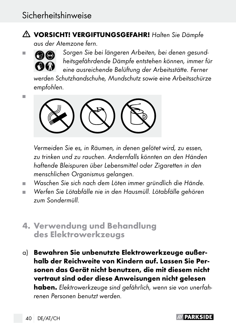 Verwendung und behandlung des elektrowerkzeugs | Parkside PLP 100 A1 User Manual | Page 40 / 60