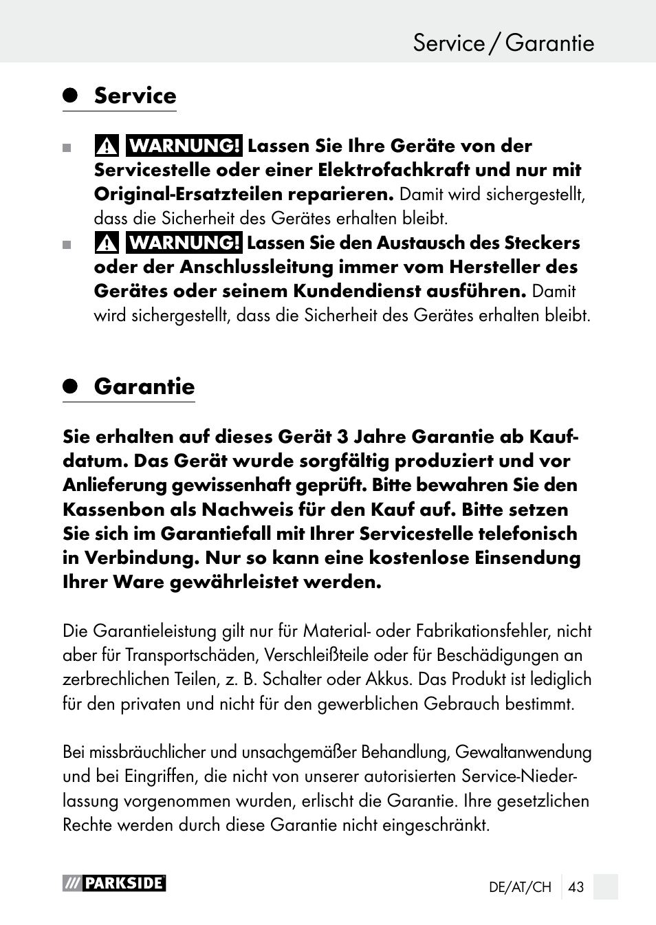 Service / garantie, Inbetriebnahme / wartung und reinigung, Service | Garantie | Parkside PLP 100 A1 User Manual | Page 43 / 60
