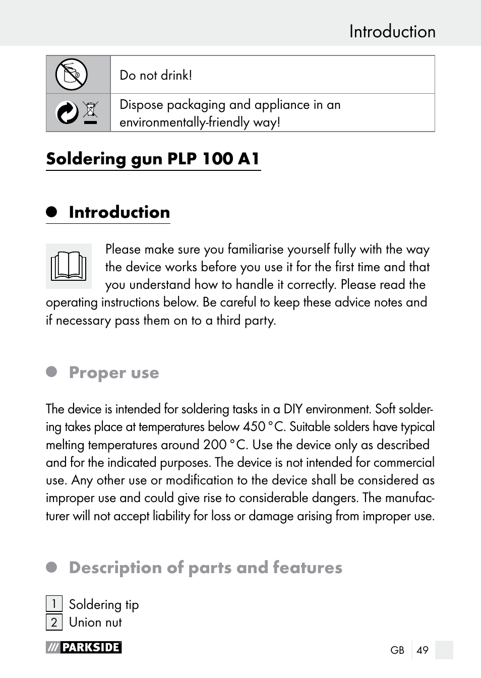 Introduction, Soldering gun plp 100 a1, Proper use | Description of parts and features | Parkside PLP 100 A1 User Manual | Page 49 / 60