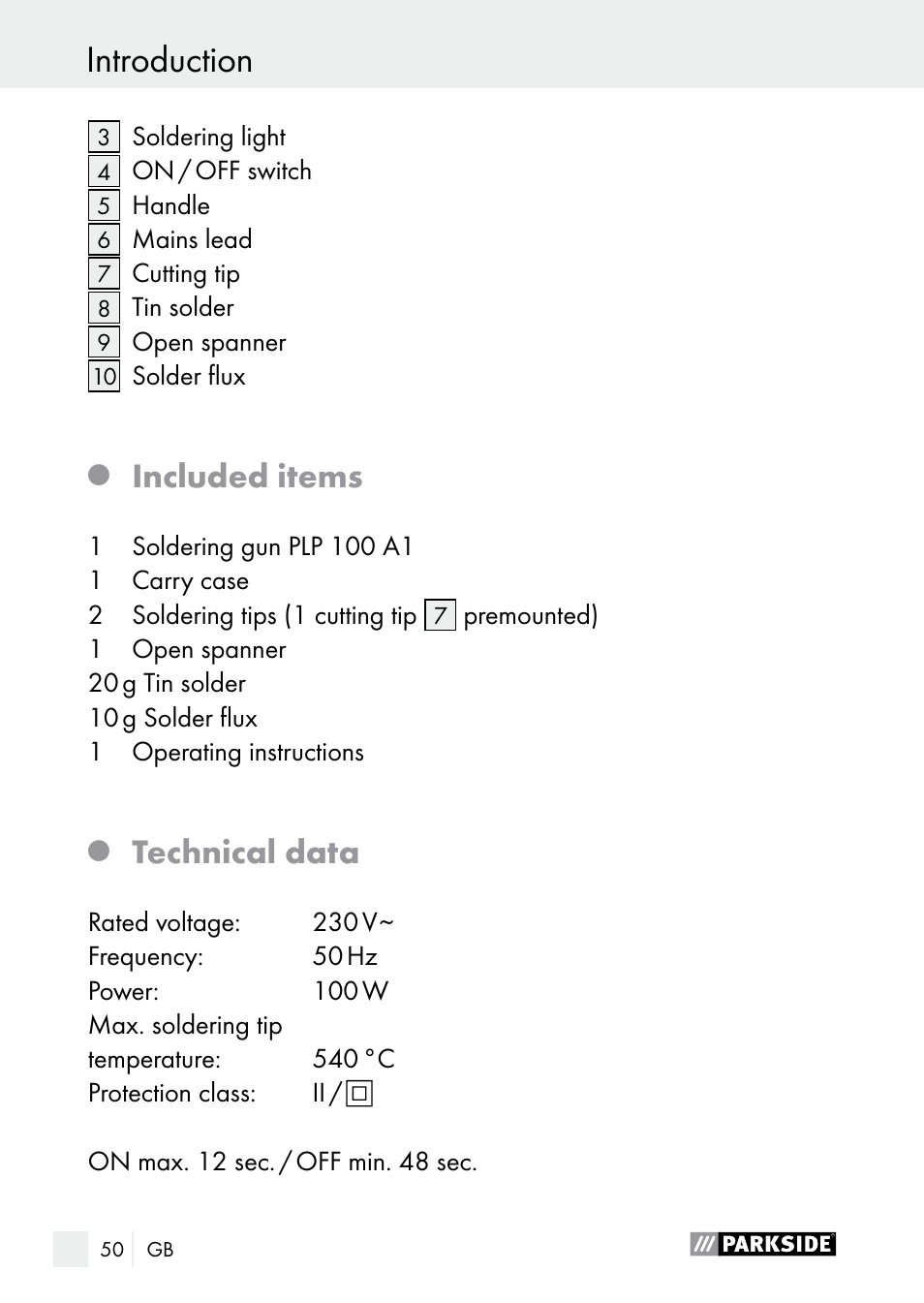 Safety advice introduction, Included items, Technical data | Parkside PLP 100 A1 User Manual | Page 50 / 60