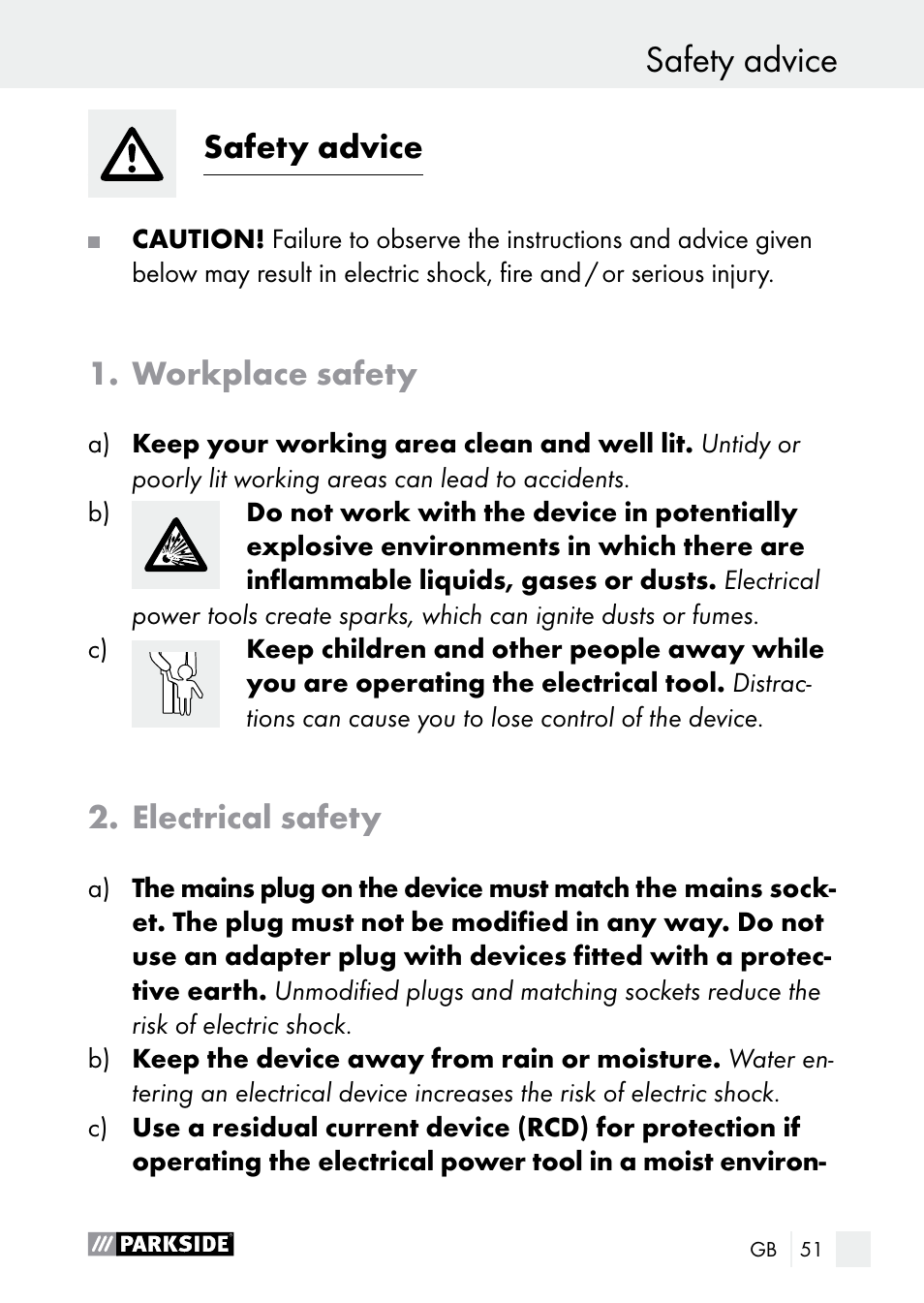 Safety advice introduction, Safety advice, Workplace safety | Electrical safety | Parkside PLP 100 A1 User Manual | Page 51 / 60