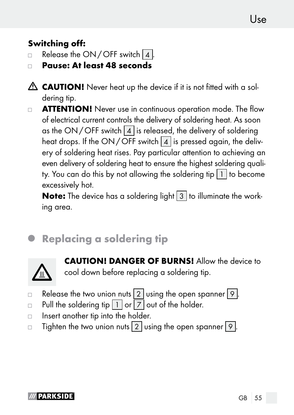 Use safety advice / use, Replacing a soldering tip | Parkside PLP 100 A1 User Manual | Page 55 / 60