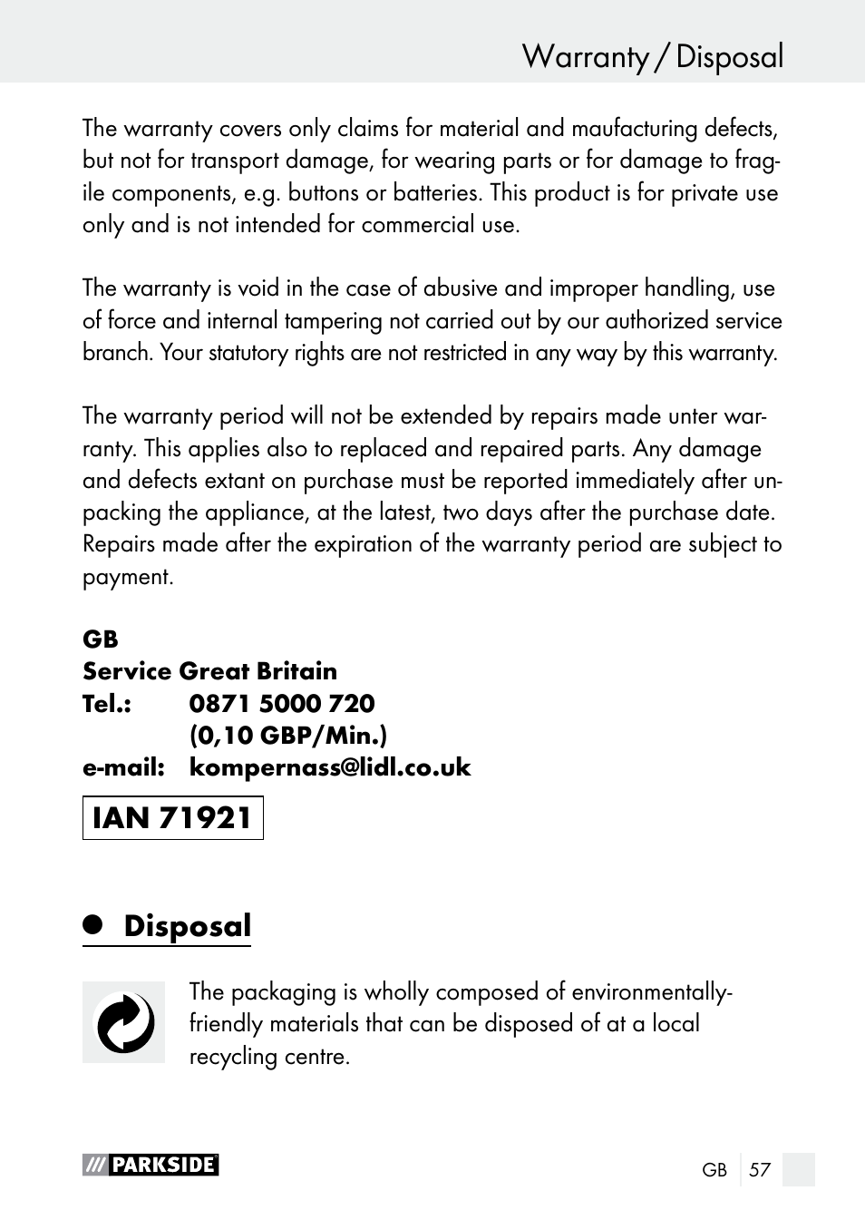 Disposal | Parkside PLP 100 A1 User Manual | Page 57 / 60