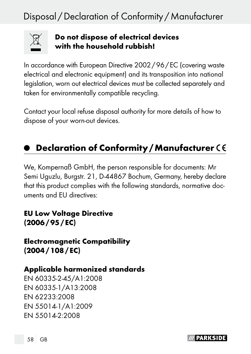 Declaration of conformity / manufacturer | Parkside PLP 100 A1 User Manual | Page 58 / 60