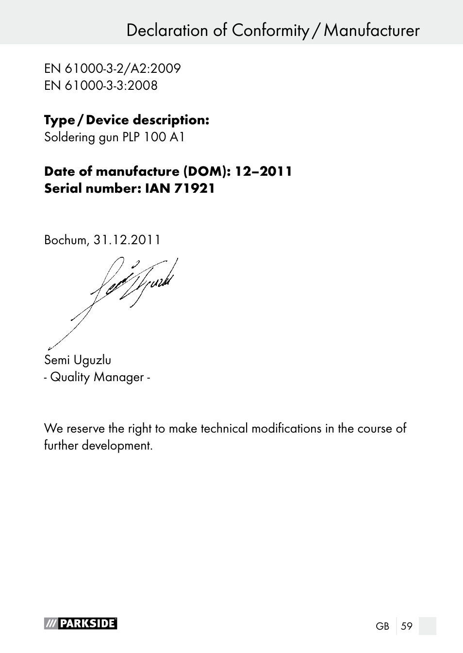 Parkside PLP 100 A1 User Manual | Page 59 / 60