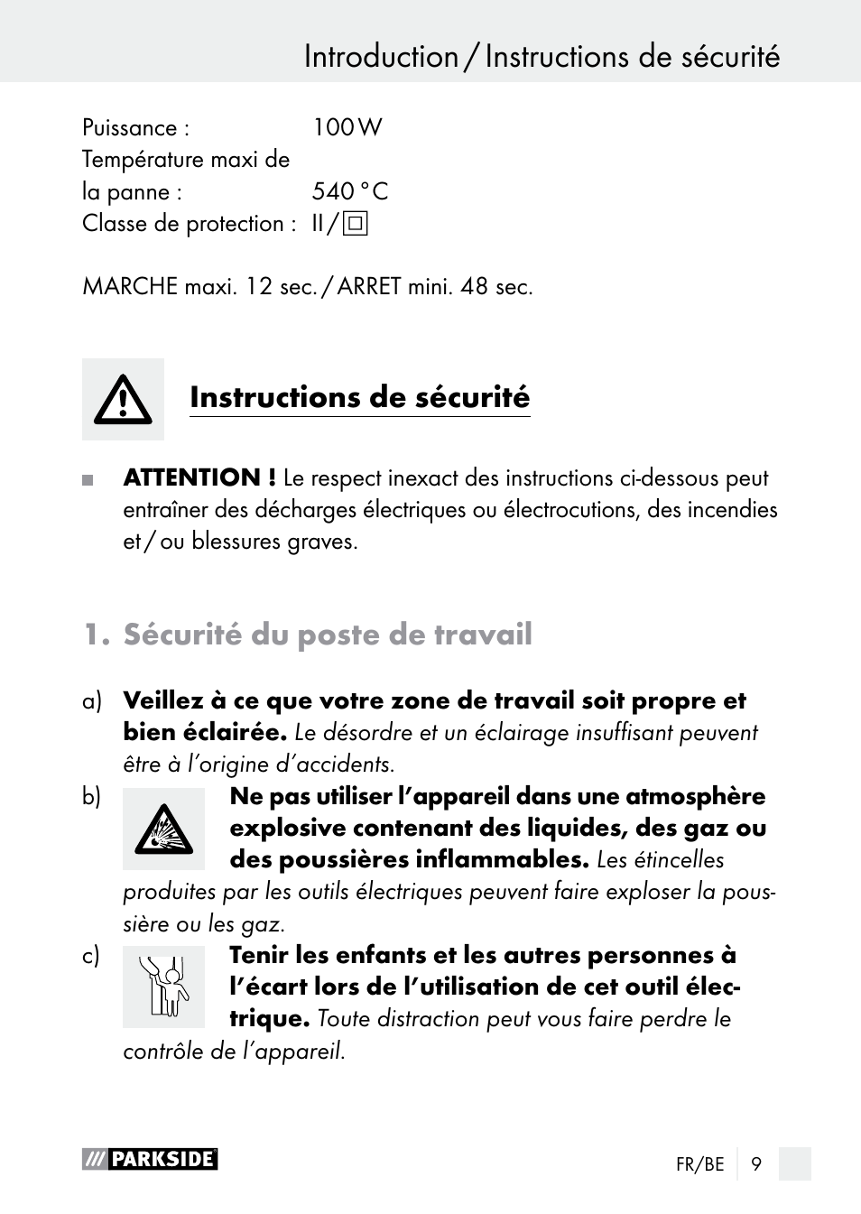 Instructions de sécurité, Sécurité du poste de travail | Parkside PLP 100 A1 User Manual | Page 9 / 60