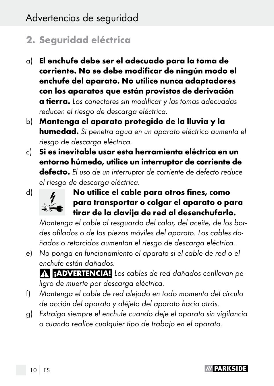 Advertencias de seguridad, Seguridad eléctrica | Parkside PLP 100 A1 User Manual | Page 10 / 75