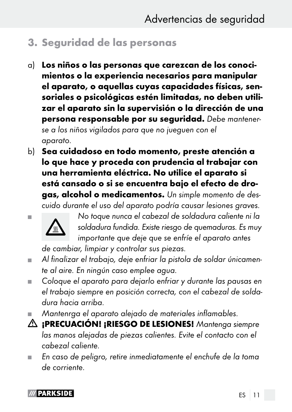 Advertencias de seguridad, Seguridad de las personas | Parkside PLP 100 A1 User Manual | Page 11 / 75