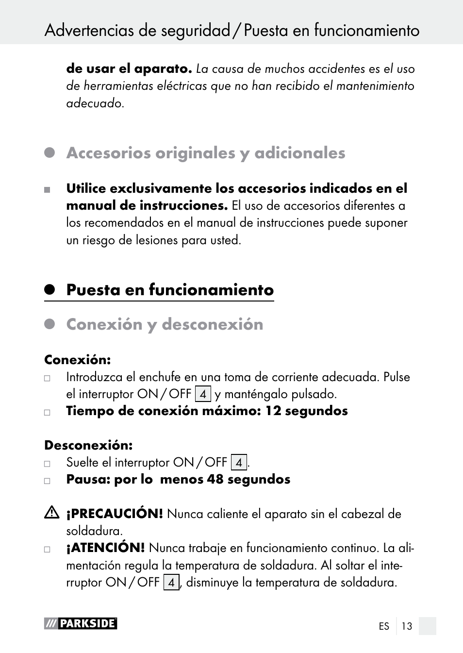 Accesorios originales y adicionales, Puesta en funcionamiento, Conexión y desconexión | Parkside PLP 100 A1 User Manual | Page 13 / 75