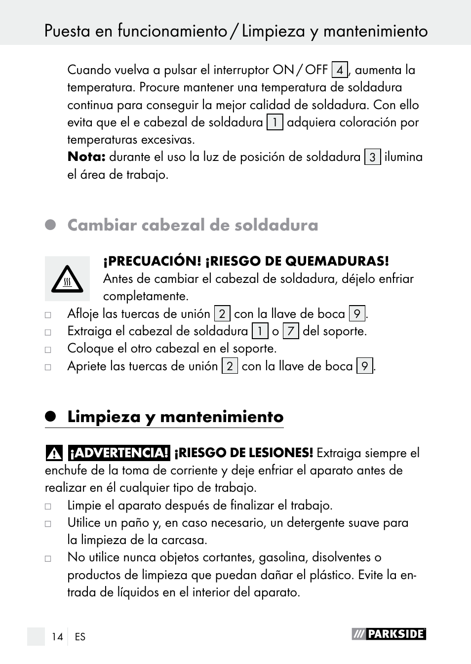 Cambiar cabezal de soldadura, Limpieza y mantenimiento | Parkside PLP 100 A1 User Manual | Page 14 / 75