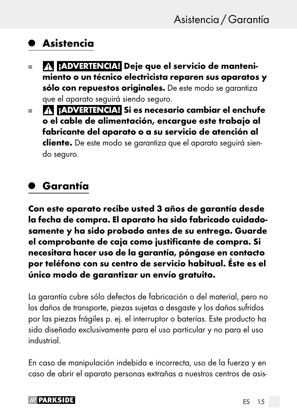 Asistencia, Garantía | Parkside PLP 100 A1 User Manual | Page 15 / 75