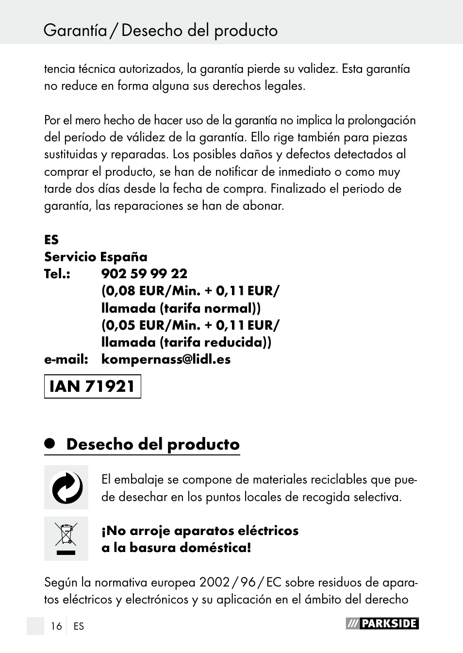 Desecho del producto | Parkside PLP 100 A1 User Manual | Page 16 / 75