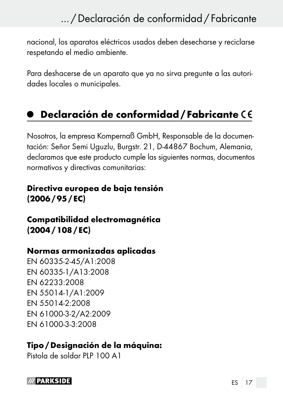 Declaración de conformidad / fabricante | Parkside PLP 100 A1 User Manual | Page 17 / 75