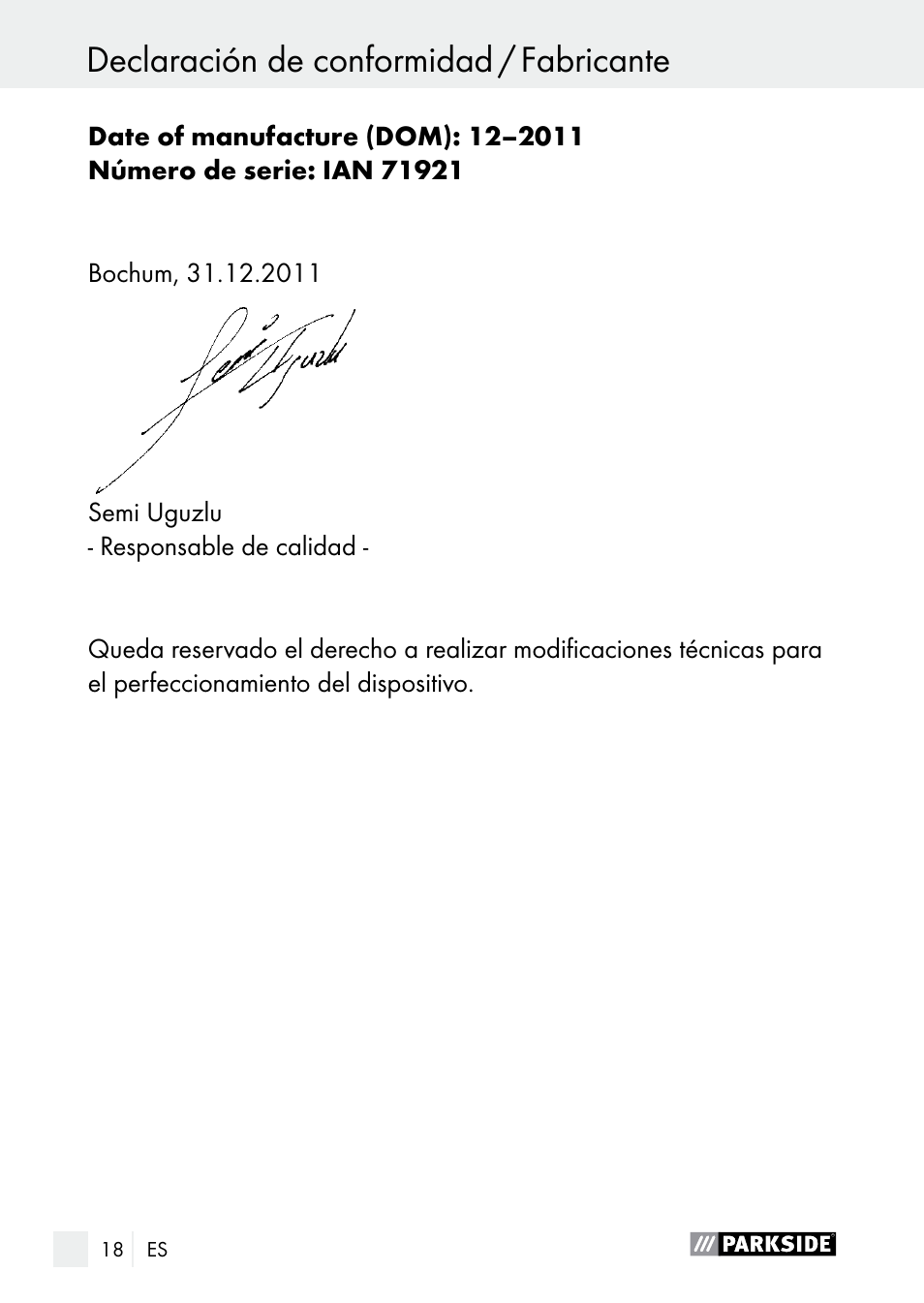 Declaración de conformidad / fabricante, Indice | Parkside PLP 100 A1 User Manual | Page 18 / 75