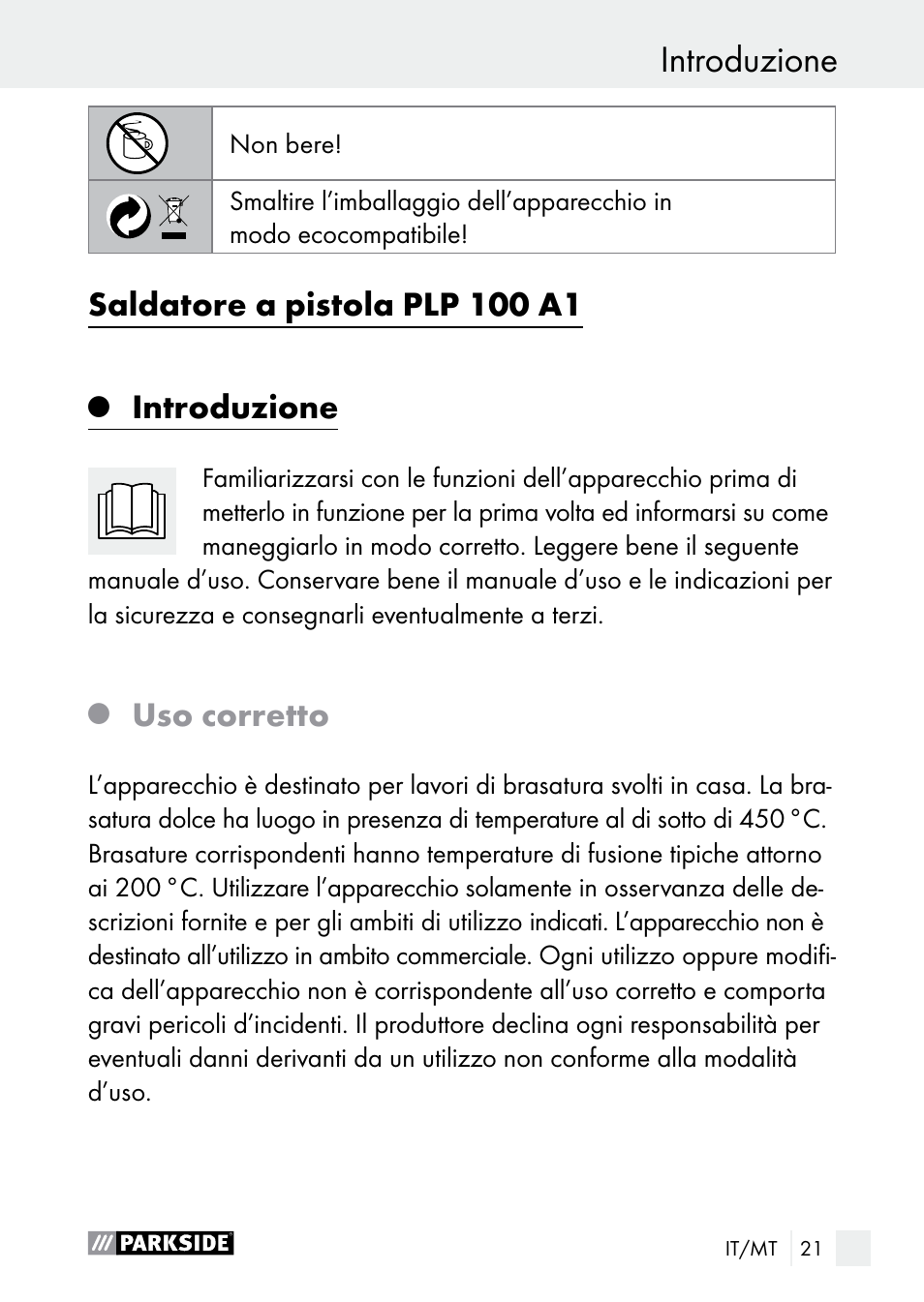 Introduzione, Saldatore a pistola plp 100 a1, Uso corretto | Parkside PLP 100 A1 User Manual | Page 21 / 75