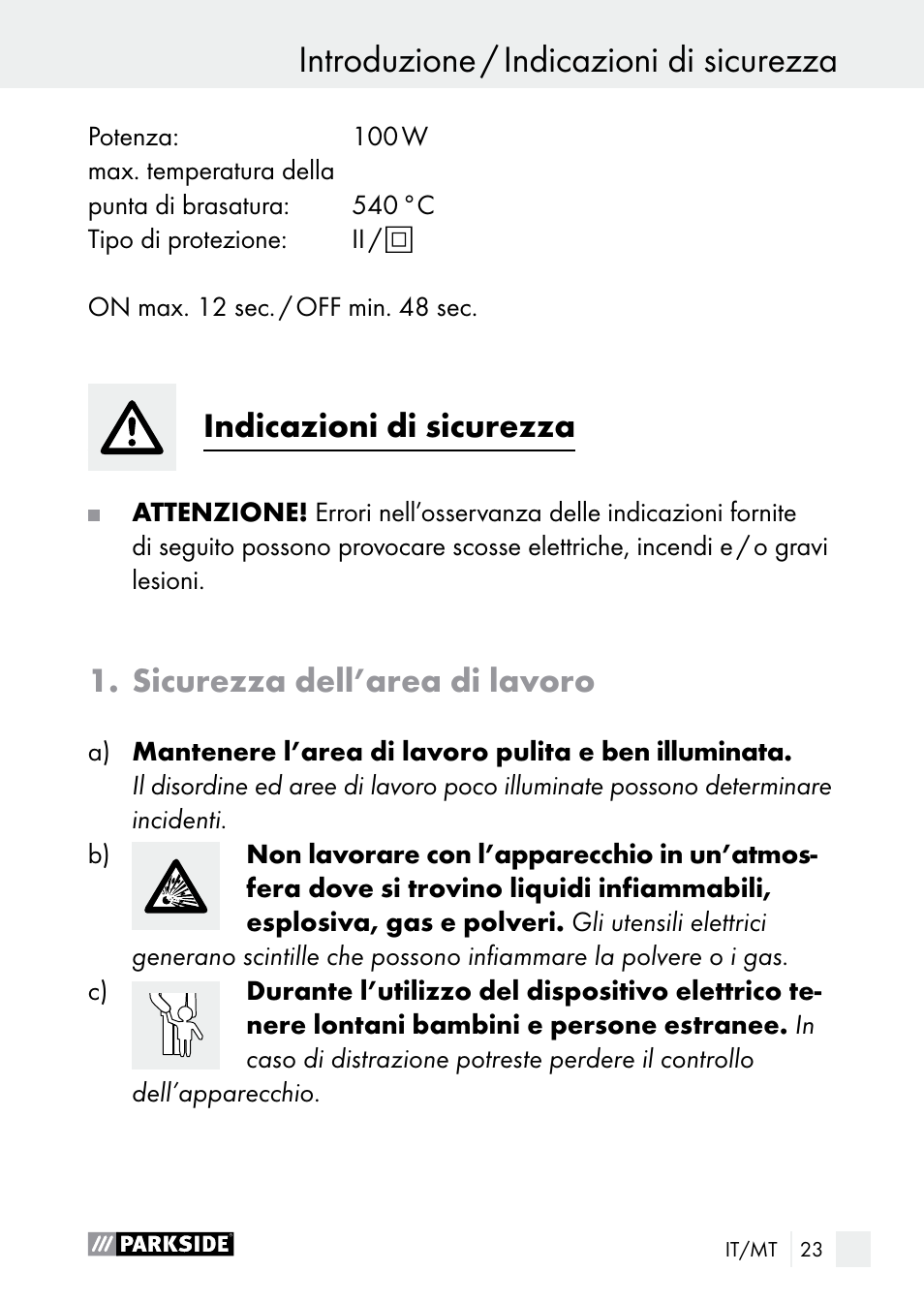 Introduzione, Introduzione / indicazioni di sicurezza, Indicazioni di sicurezza | Sicurezza dell’area di lavoro | Parkside PLP 100 A1 User Manual | Page 23 / 75