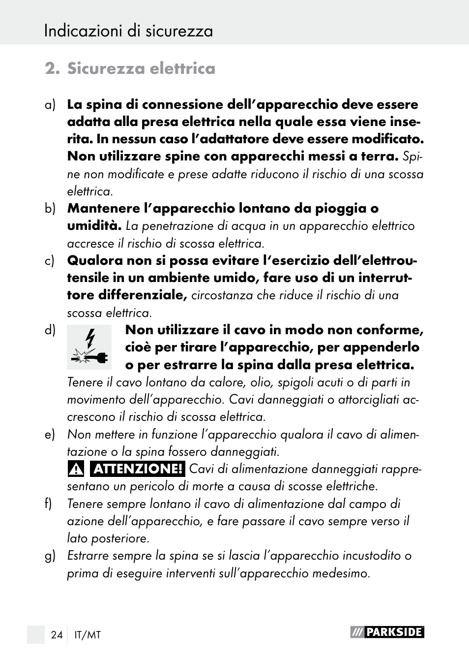 Indicazioni di sicurezza, Sicurezza elettrica | Parkside PLP 100 A1 User Manual | Page 24 / 75