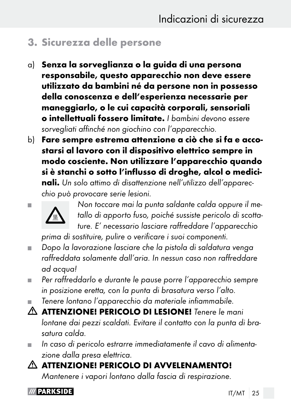 Indicazioni di sicurezza, Sicurezza delle persone | Parkside PLP 100 A1 User Manual | Page 25 / 75