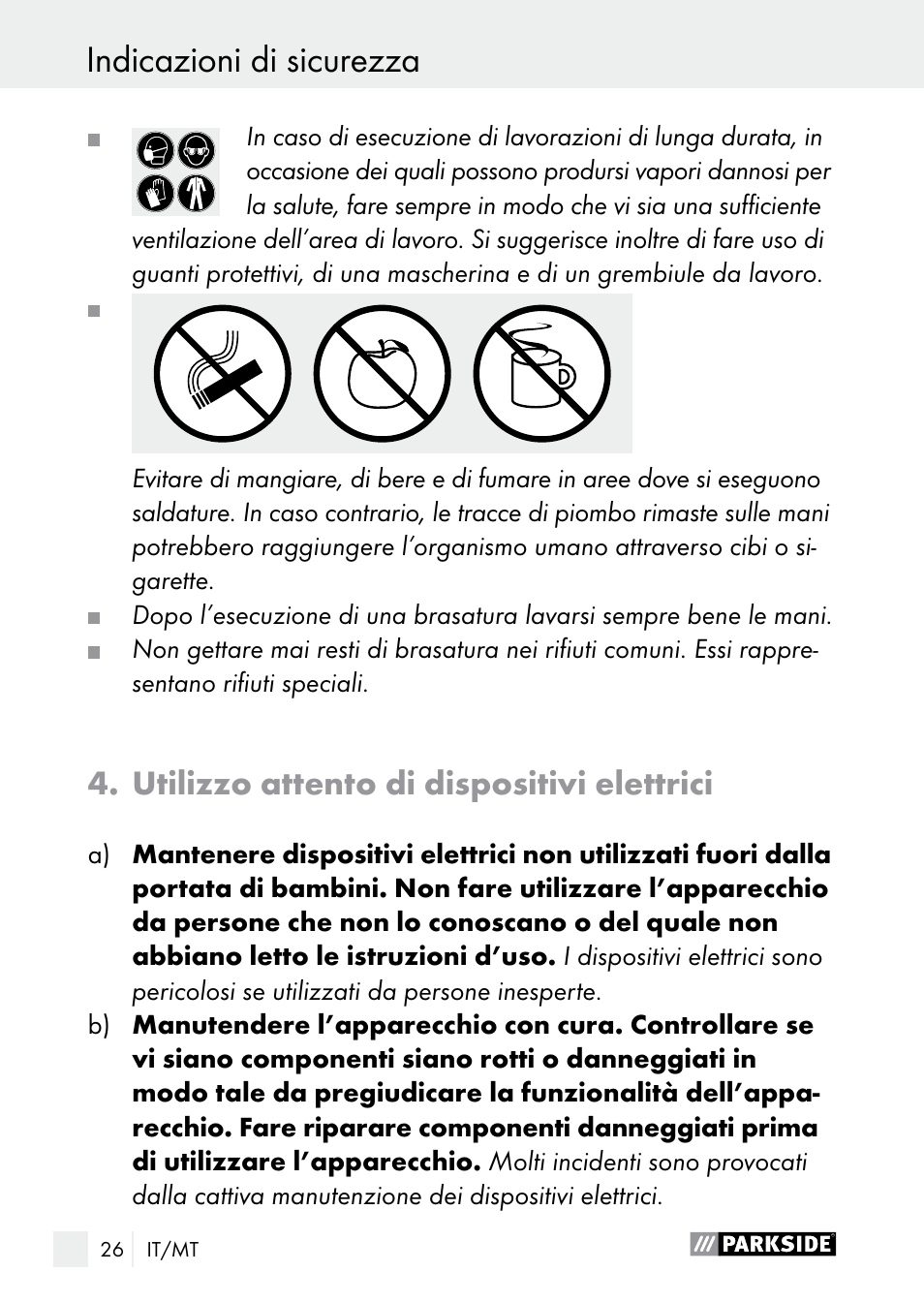 Indicazioni di sicurezza, Indicazioni di sicurezza / avvio, Utilizzo attento di dispositivi elettrici | Parkside PLP 100 A1 User Manual | Page 26 / 75