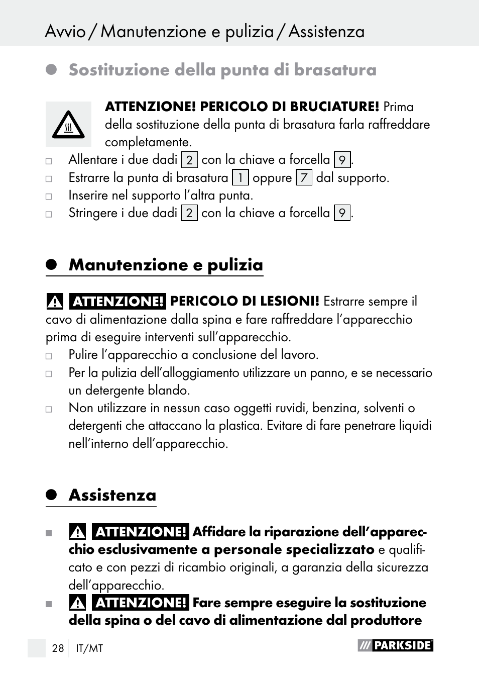 Sostituzione della punta di brasatura, Manutenzione e pulizia, Assistenza | Parkside PLP 100 A1 User Manual | Page 28 / 75