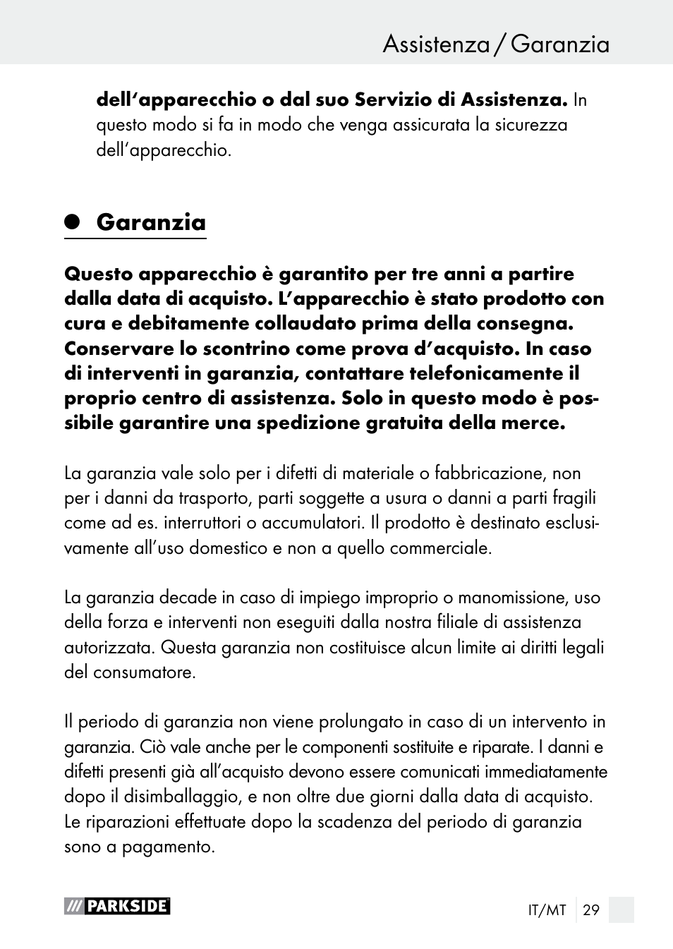 Garanzia | Parkside PLP 100 A1 User Manual | Page 29 / 75