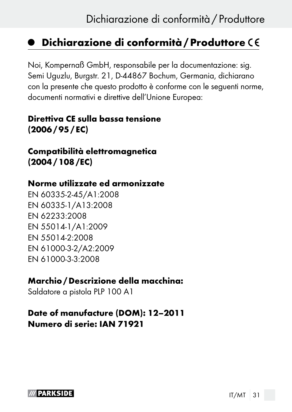 Dichiarazione di conformità / produttore | Parkside PLP 100 A1 User Manual | Page 31 / 75