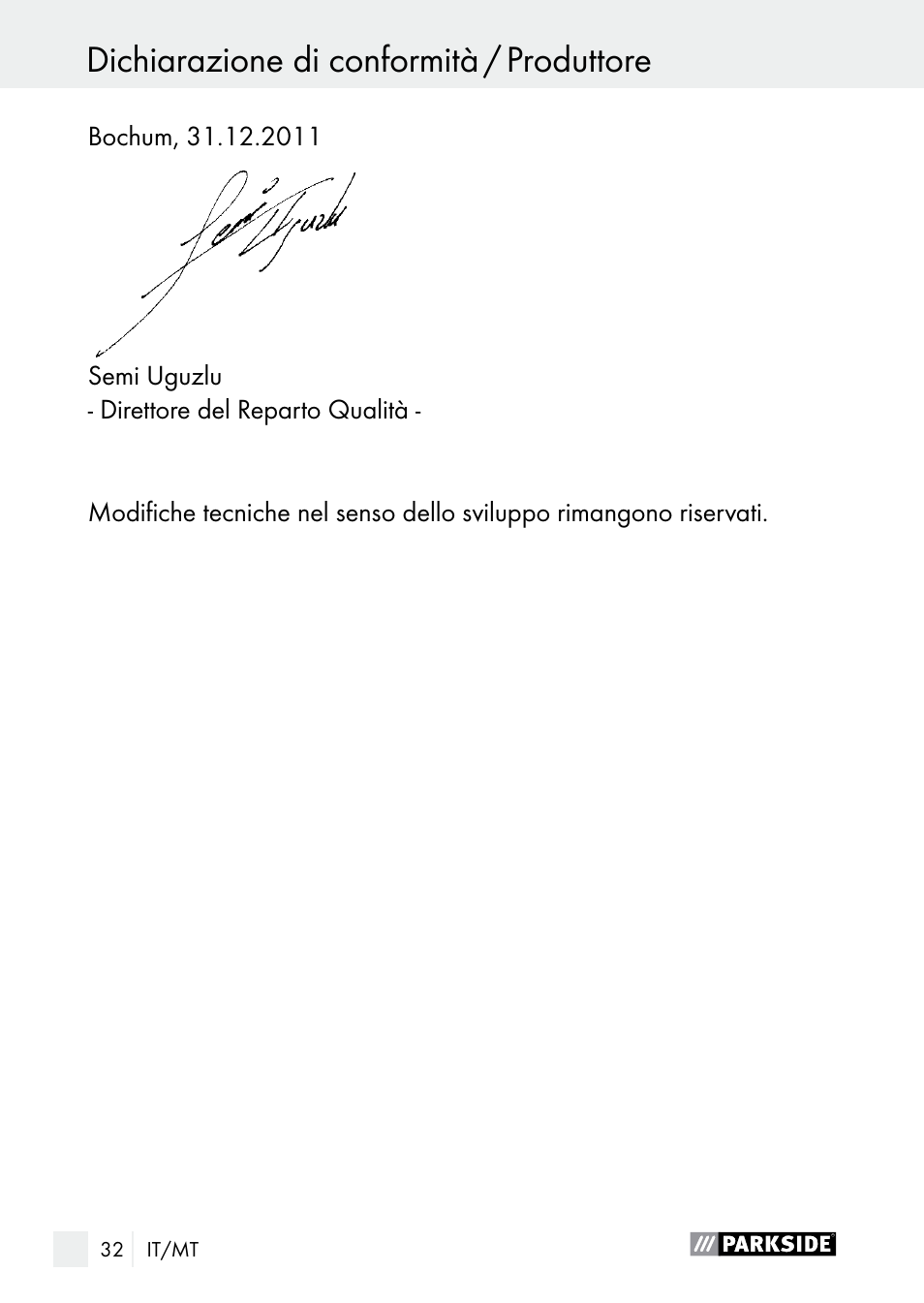 Dichiarazione di conformità / produttore, Índice | Parkside PLP 100 A1 User Manual | Page 32 / 75