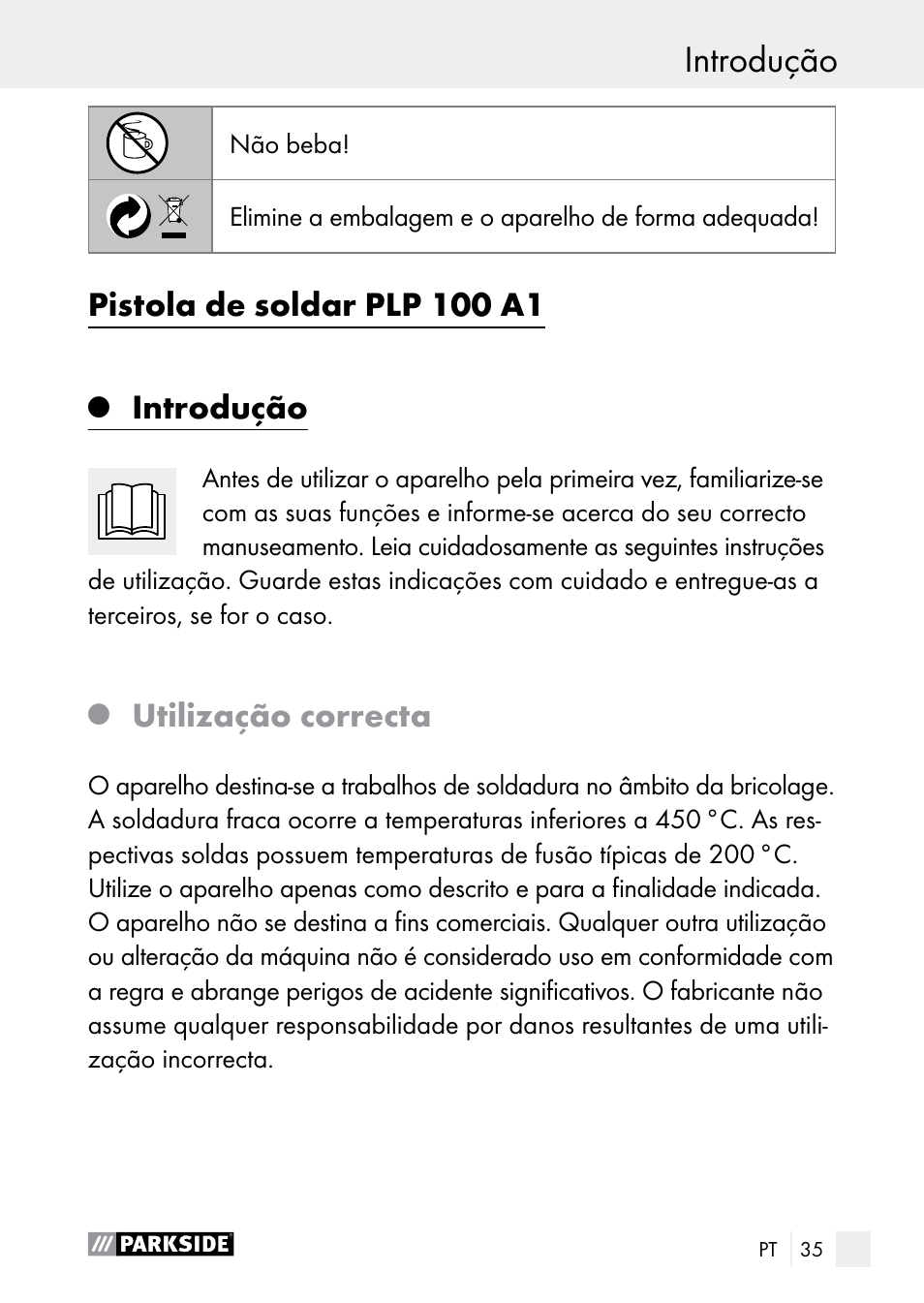 Introdução, Pistola de soldar plp 100 a1, Utilização correcta | Parkside PLP 100 A1 User Manual | Page 35 / 75
