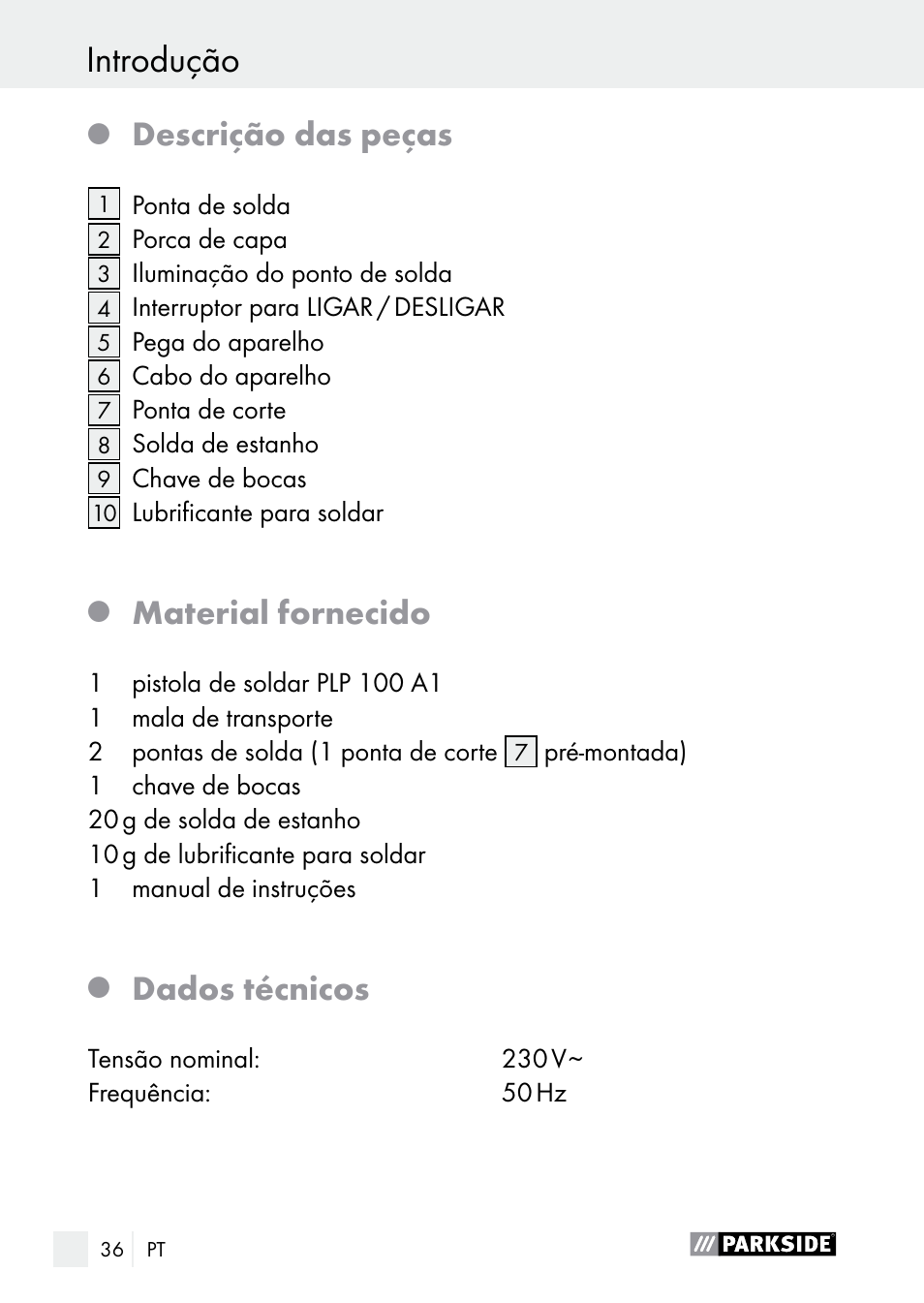 Introdução / indicações de segurança introdução, Descrição das peças, Material fornecido | Dados técnicos | Parkside PLP 100 A1 User Manual | Page 36 / 75