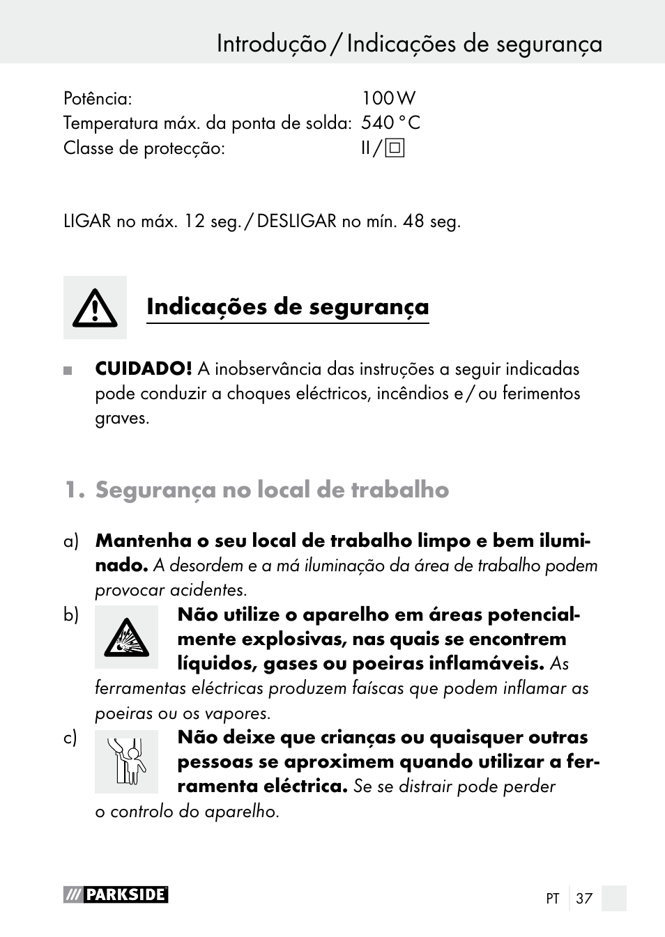 Introdução / indicações de segurança introdução, Indicações de segurança, Segurança no local de trabalho | Parkside PLP 100 A1 User Manual | Page 37 / 75