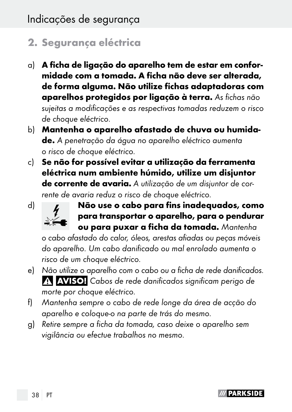 Indicações de segurança, Segurança eléctrica | Parkside PLP 100 A1 User Manual | Page 38 / 75