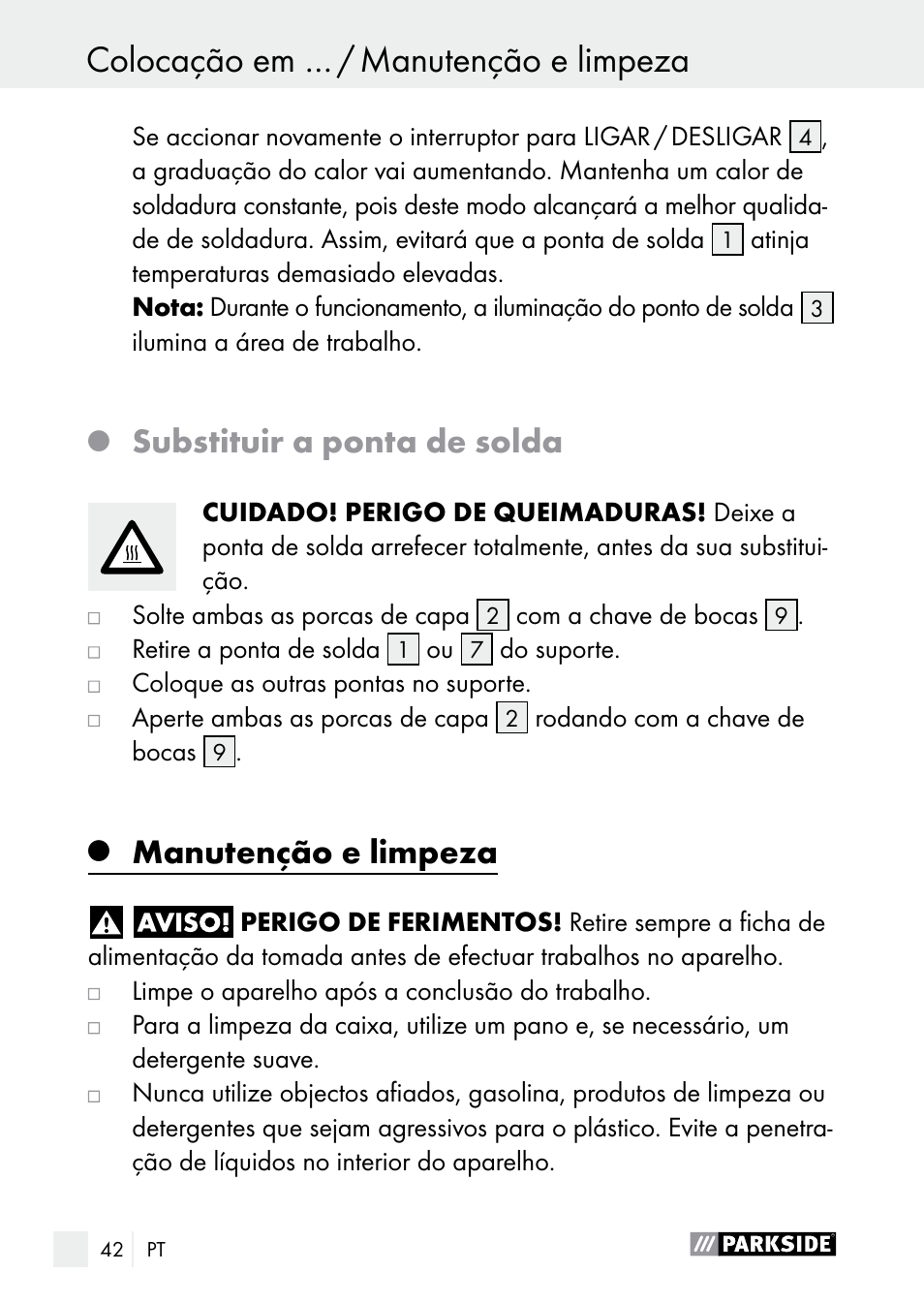 Substituir a ponta de solda, Manutenção e limpeza | Parkside PLP 100 A1 User Manual | Page 42 / 75