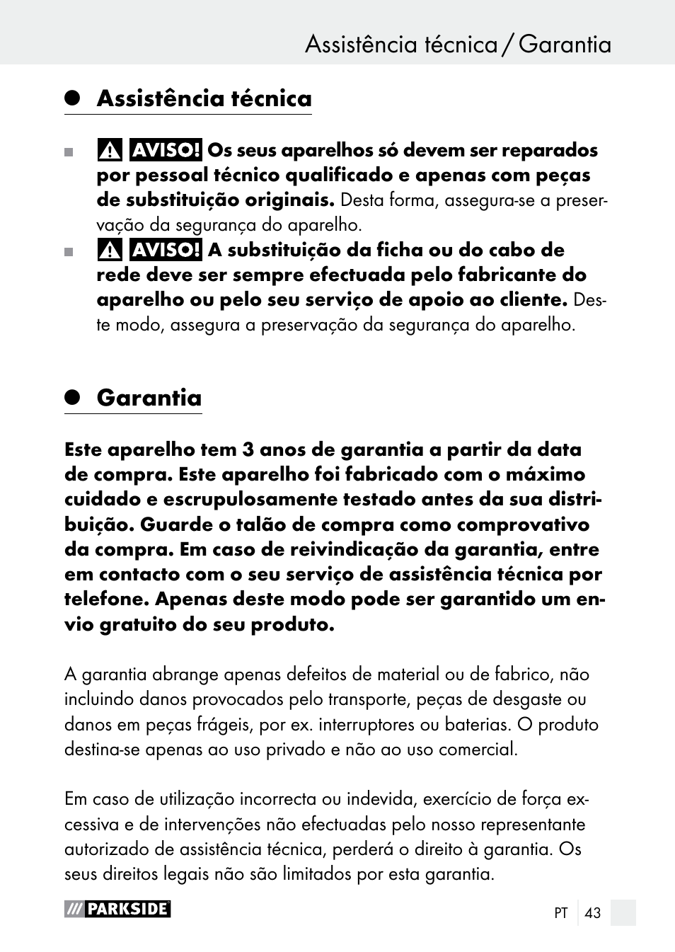 Assistência técnica, Garantia | Parkside PLP 100 A1 User Manual | Page 43 / 75