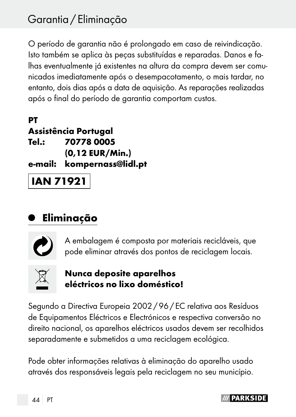Eliminação | Parkside PLP 100 A1 User Manual | Page 44 / 75