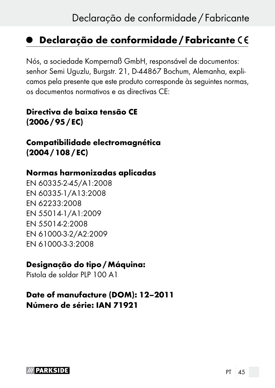 Declaração de conformidade / fabricante | Parkside PLP 100 A1 User Manual | Page 45 / 75