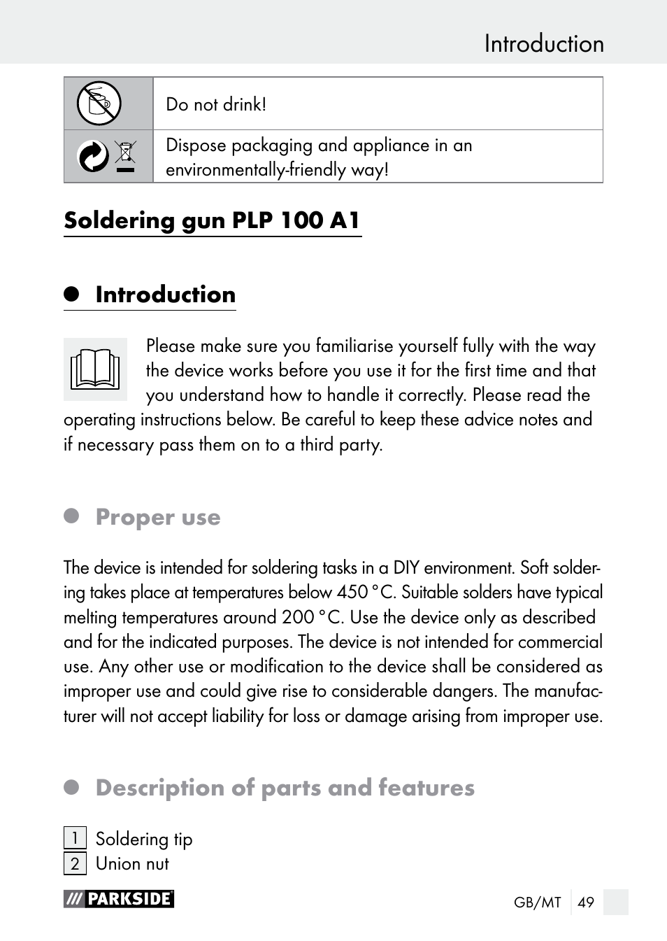 Introduction, Soldering gun plp 100 a1, Proper use | Description of parts and features | Parkside PLP 100 A1 User Manual | Page 49 / 75