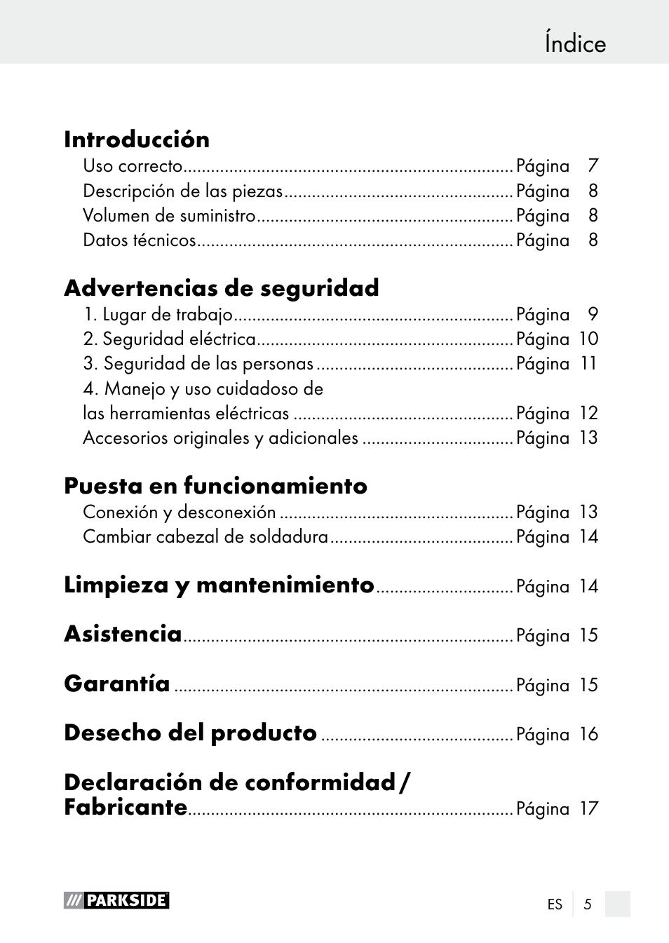 Índice, Introducción, Advertencias de seguridad | Puesta en funcionamiento, Limpieza y mantenimiento, Asistencia, Garantía, Desecho del producto, Declaración de conformidad / fabricante | Parkside PLP 100 A1 User Manual | Page 5 / 75