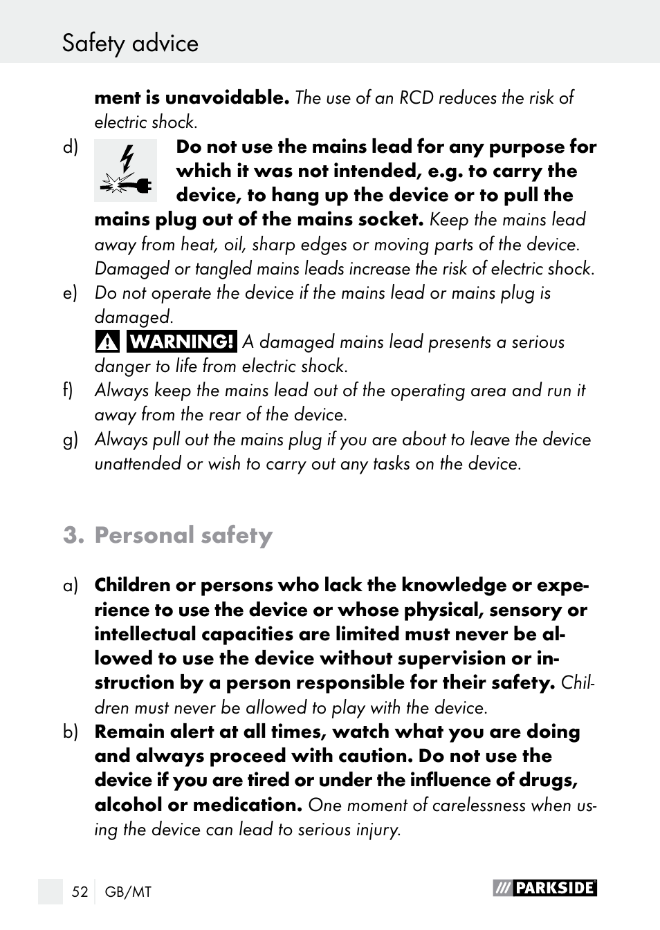 Safety advice, Personal safety | Parkside PLP 100 A1 User Manual | Page 52 / 75