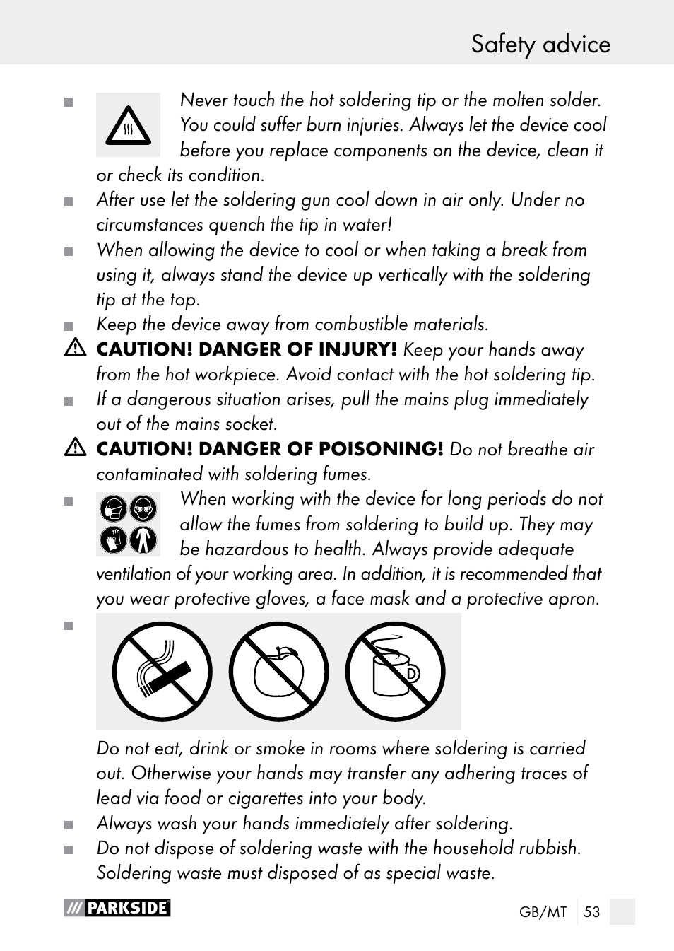 Safety advice | Parkside PLP 100 A1 User Manual | Page 53 / 75