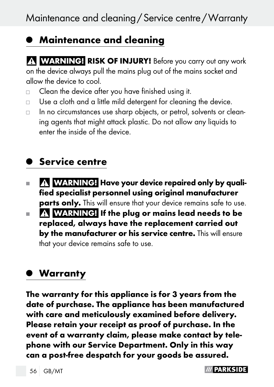 Maintenance and cleaning, Service centre, Warranty | Parkside PLP 100 A1 User Manual | Page 56 / 75