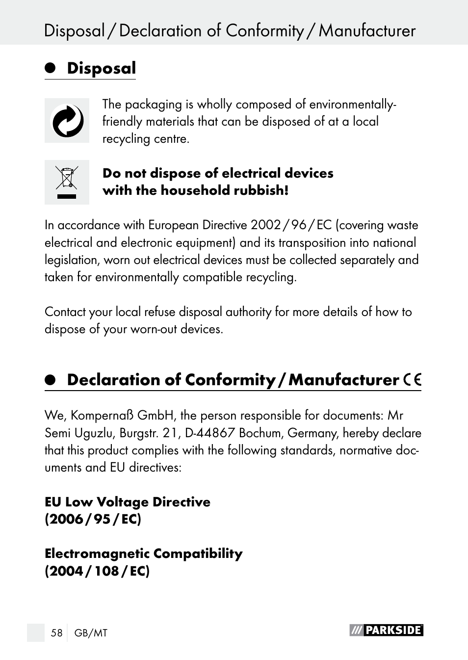Disposal, Declaration of conformity / manufacturer | Parkside PLP 100 A1 User Manual | Page 58 / 75