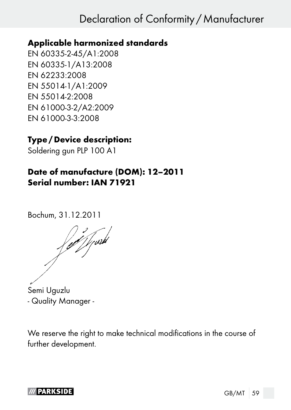 Parkside PLP 100 A1 User Manual | Page 59 / 75