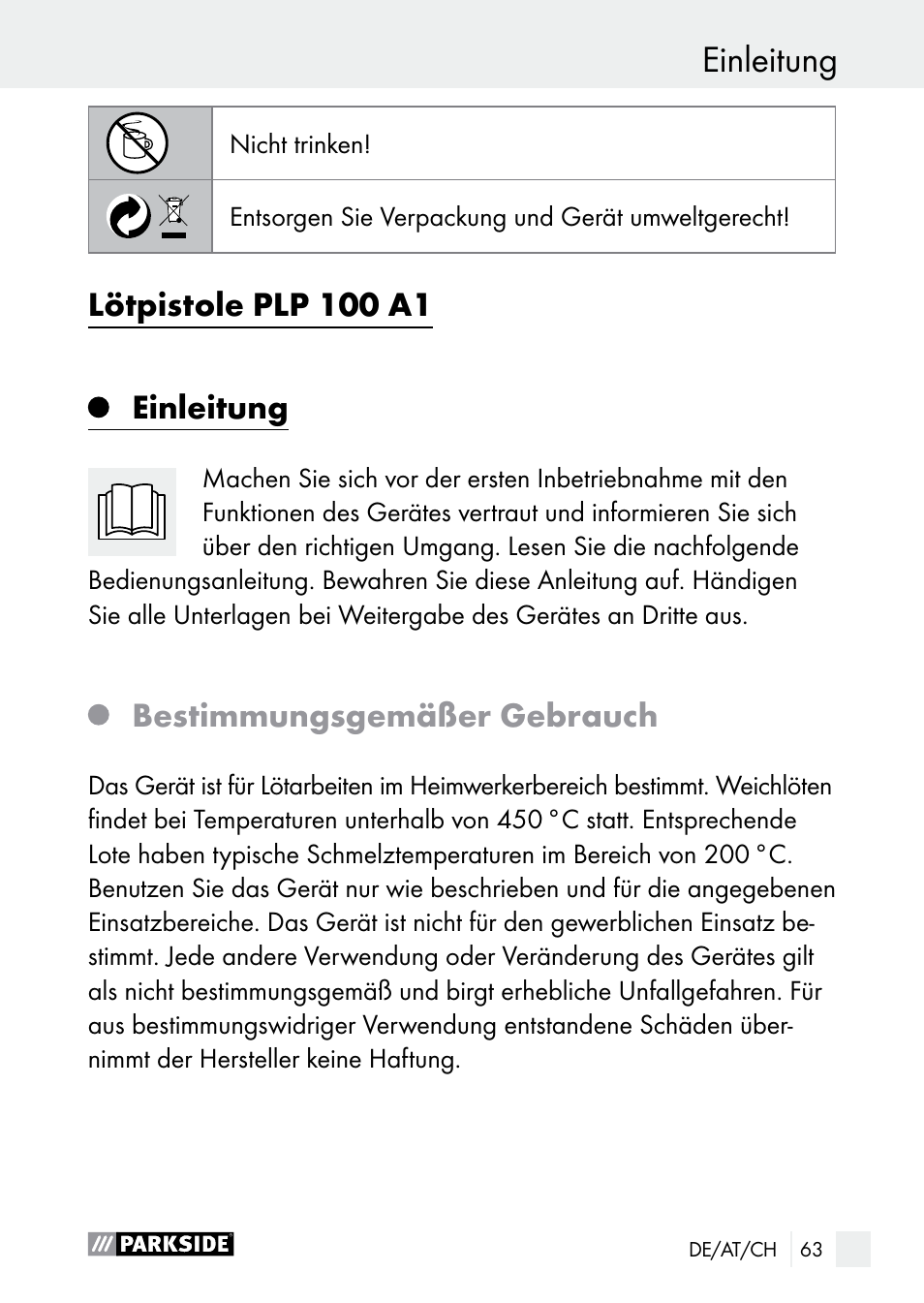 Einleitung, Lötpistole plp 100 a1, Bestimmungsgemäßer gebrauch | Parkside PLP 100 A1 User Manual | Page 63 / 75