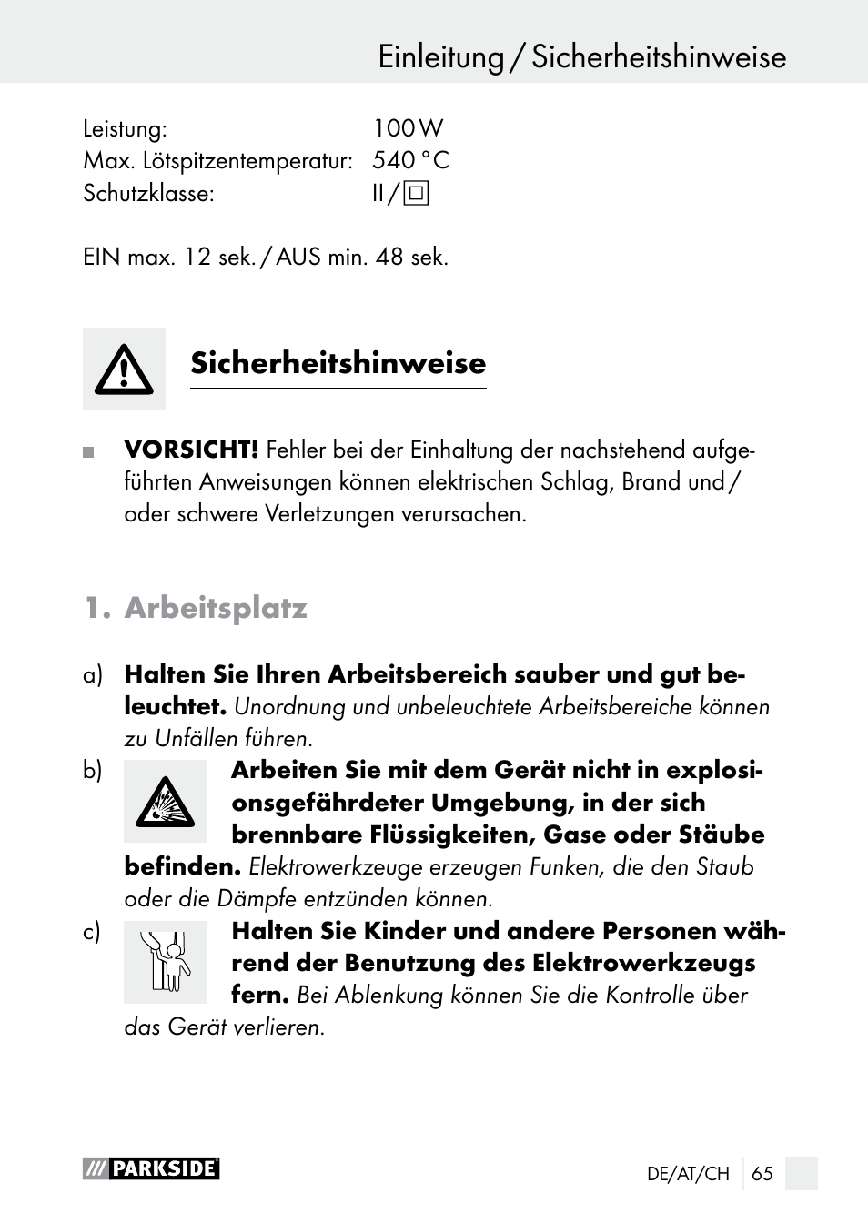 Einleitung / sicherheitshinweise einleitung, Sicherheitshinweise, Arbeitsplatz | Parkside PLP 100 A1 User Manual | Page 65 / 75