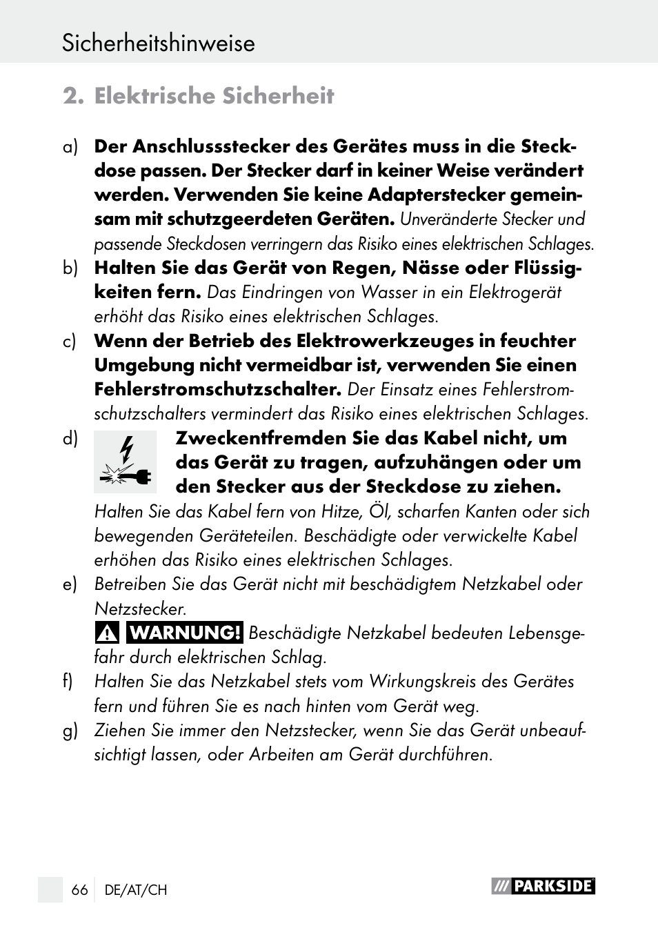 Sicherheitshinweise, Elektrische sicherheit | Parkside PLP 100 A1 User Manual | Page 66 / 75