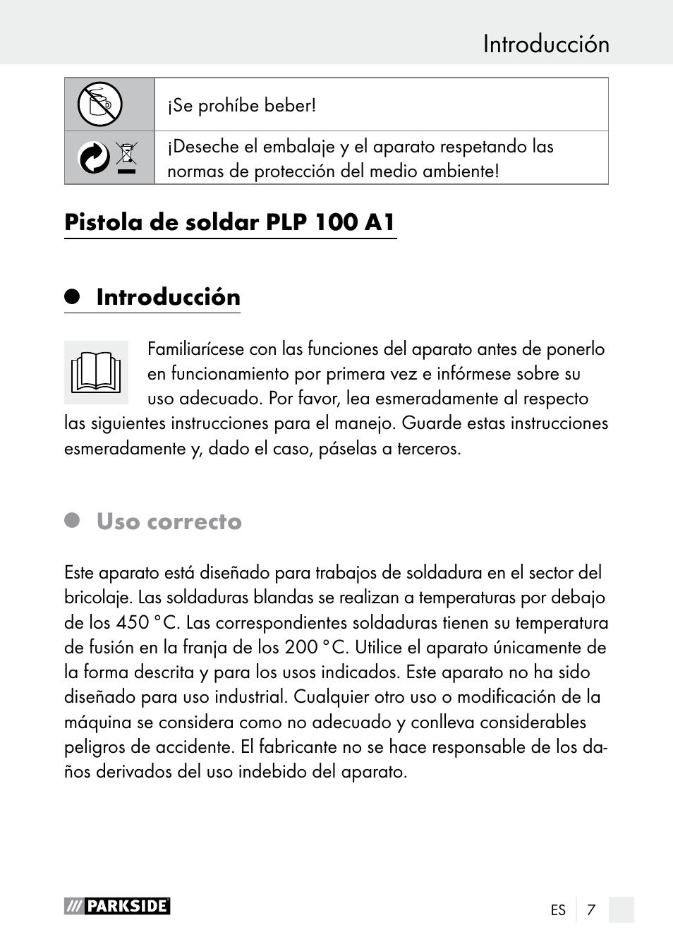 Introducción, Pistola de soldar plp 100 a1, Uso correcto | Parkside PLP 100 A1 User Manual | Page 7 / 75