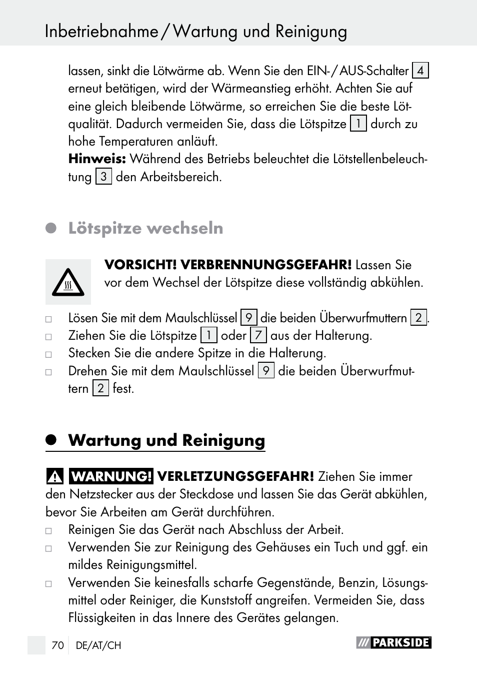 Lötspitze wechseln, Wartung und reinigung | Parkside PLP 100 A1 User Manual | Page 70 / 75