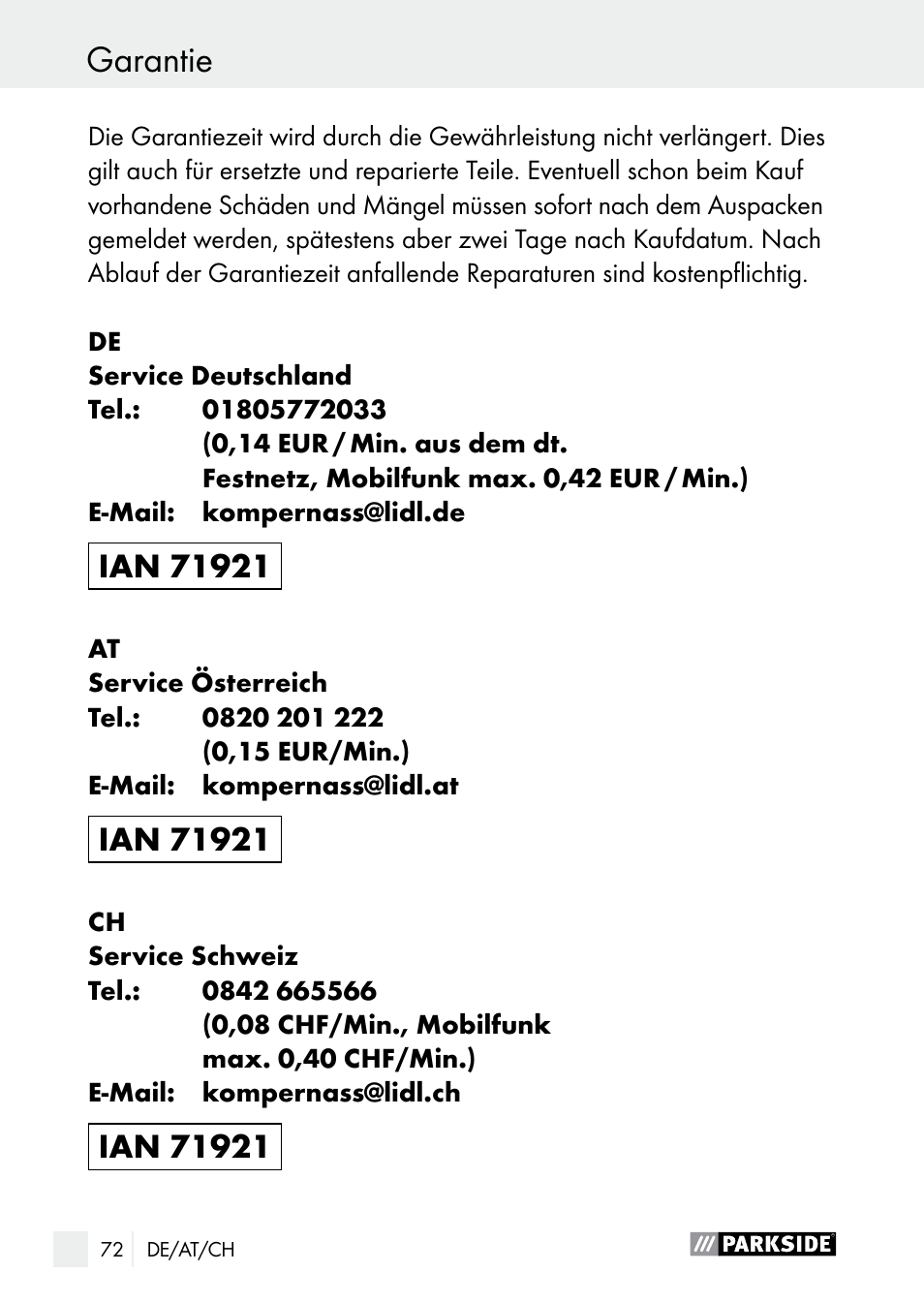 Parkside PLP 100 A1 User Manual | Page 72 / 75