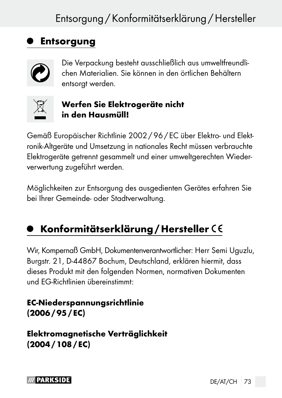 Entsorgung, Konformitätserklärung / hersteller | Parkside PLP 100 A1 User Manual | Page 73 / 75